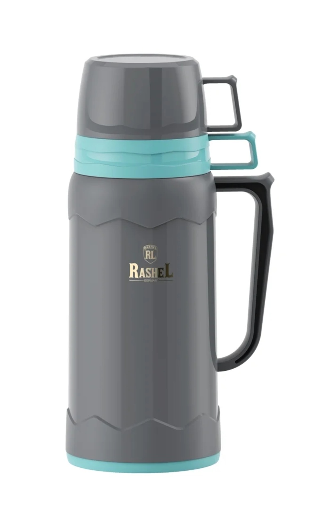 Термос 1800мл, стекл. колба, серый/голубой Rashel (12)